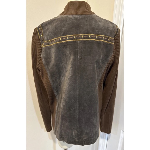 Bob Mackie Jacket Wearable Art Lrg Brown Leather/Knit Western Embroidered Zip - Picture 7 of 14